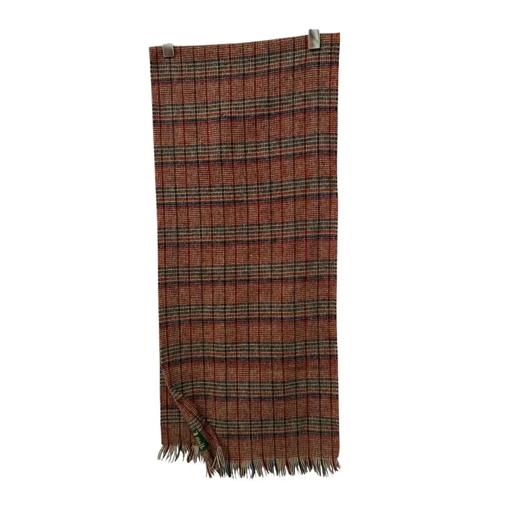 Vintage Johnston of Elgin Scotland Wool Fringed Scarf Burgundy Plaid